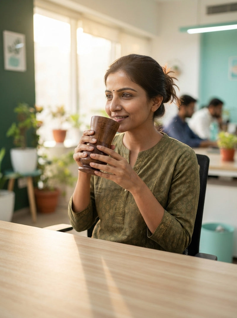 A professional holding a wooden water glass at their desk in a bright office.