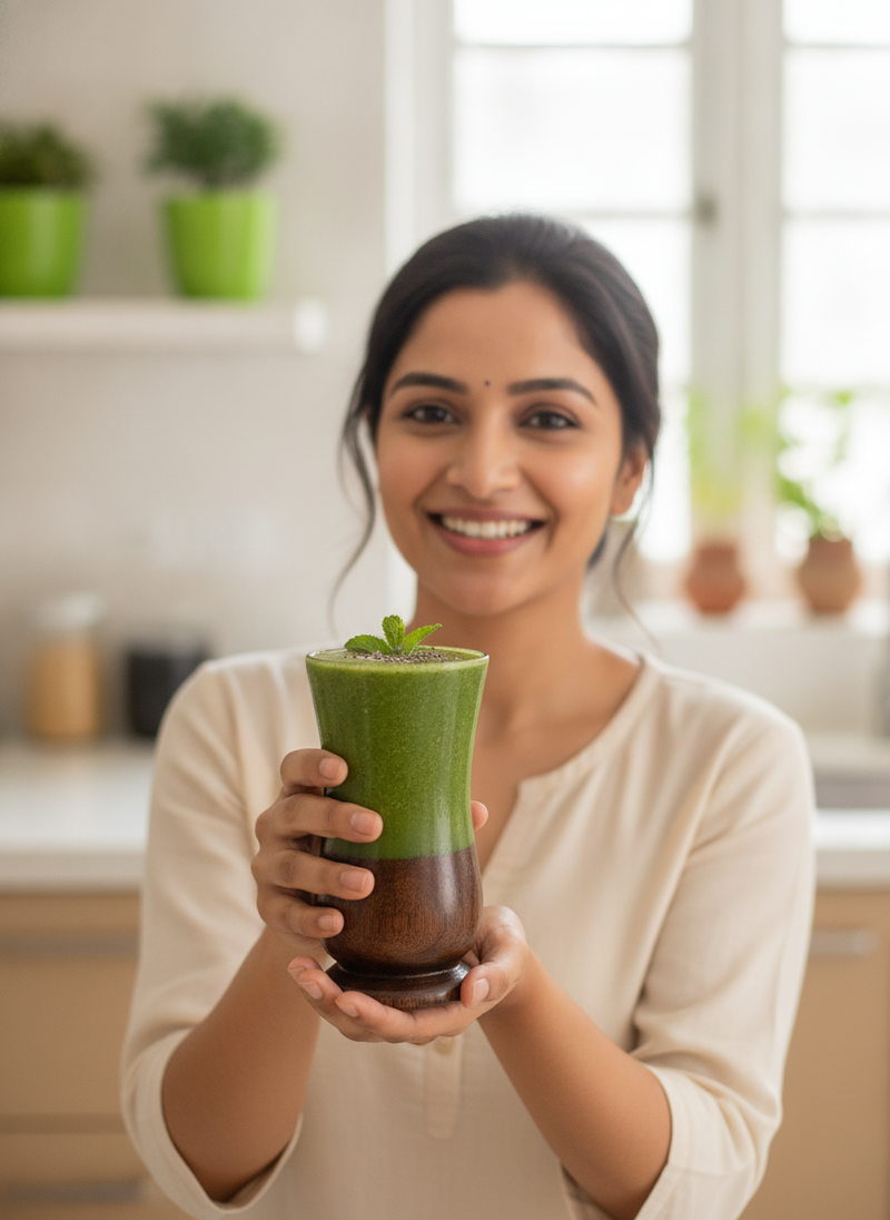 A smiling South Asian health coach holds a wooden water glass with a green smoothie in a naturally lit home setting.