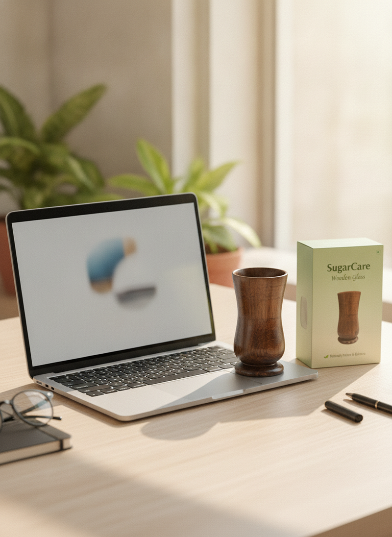 Flat lay photo of a wooden water glass next to an open laptop on a workspace in Pune, illuminated by natural light.