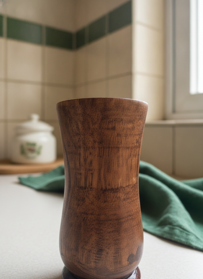 Close-up of the handcrafted wood texture of a SugarCare Balance Wooden Water Glass in a sunlit kitchen.