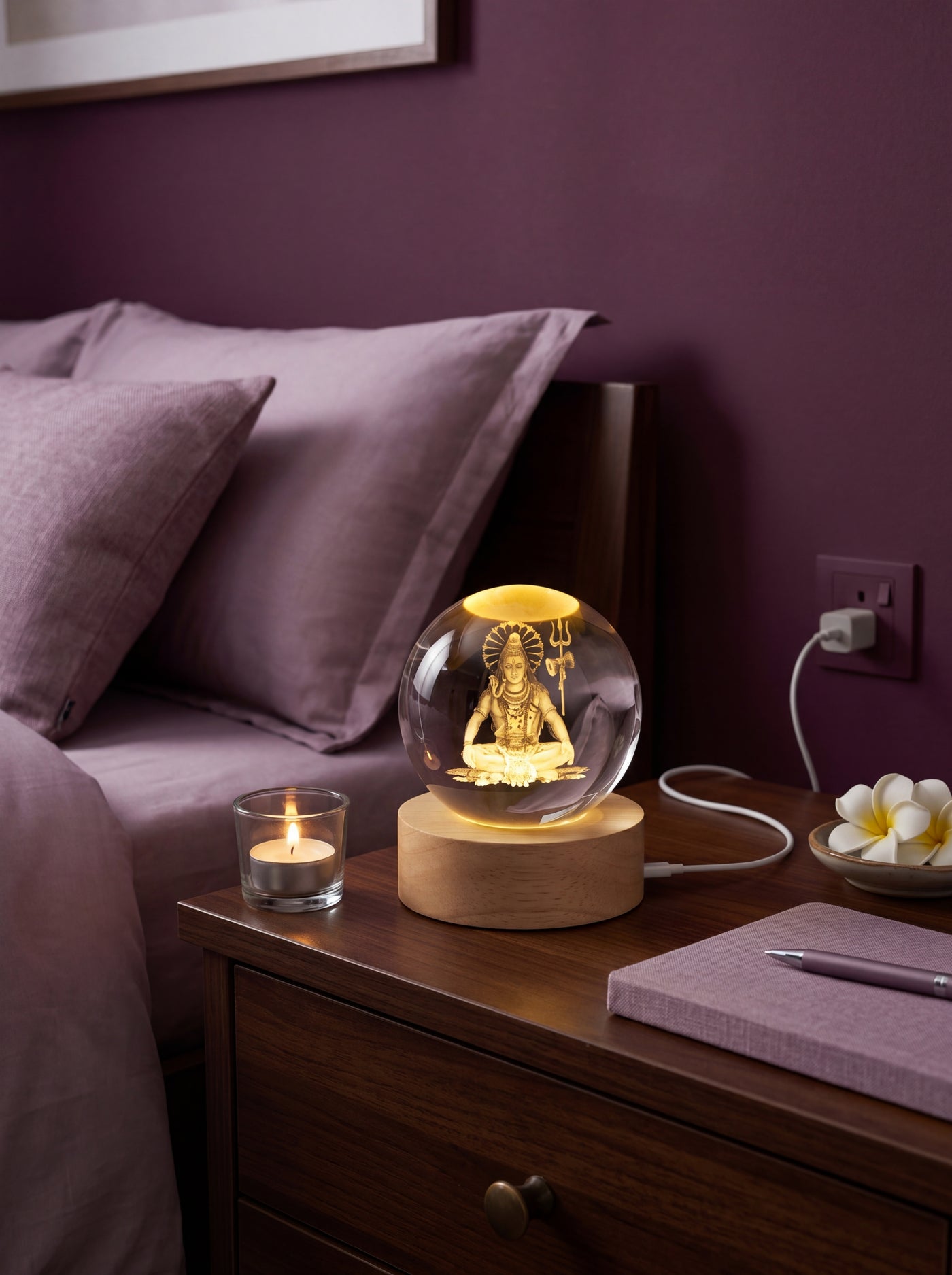 Mahakal Divine Glow LED Lamp illuminating a serene South Asian bedroom with a soft, positive glow, set on a bedside table wit