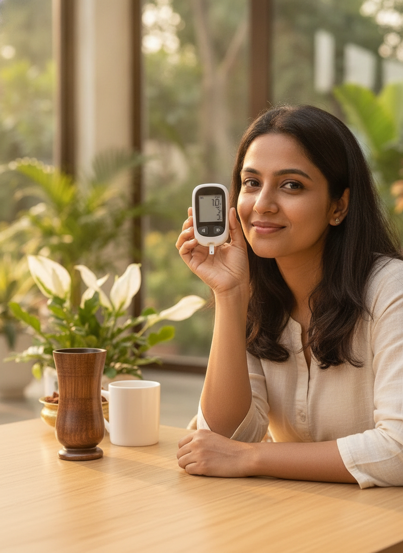 A smiling South Asian woman holds up a glucose monitor displaying stable readings. A SugarCare Balance Wooden Water Glass sit