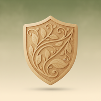 Stylized wooden shield carved with subtle patterns, set against a forest green and warm cream gradient background.