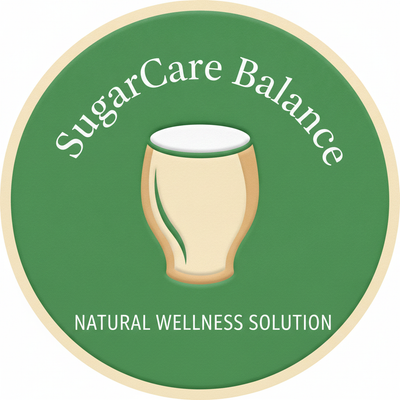 A minimalist trust badge for SugarCare Balance featuring a stylized wooden water glass icon in cream and white on a forest gr
