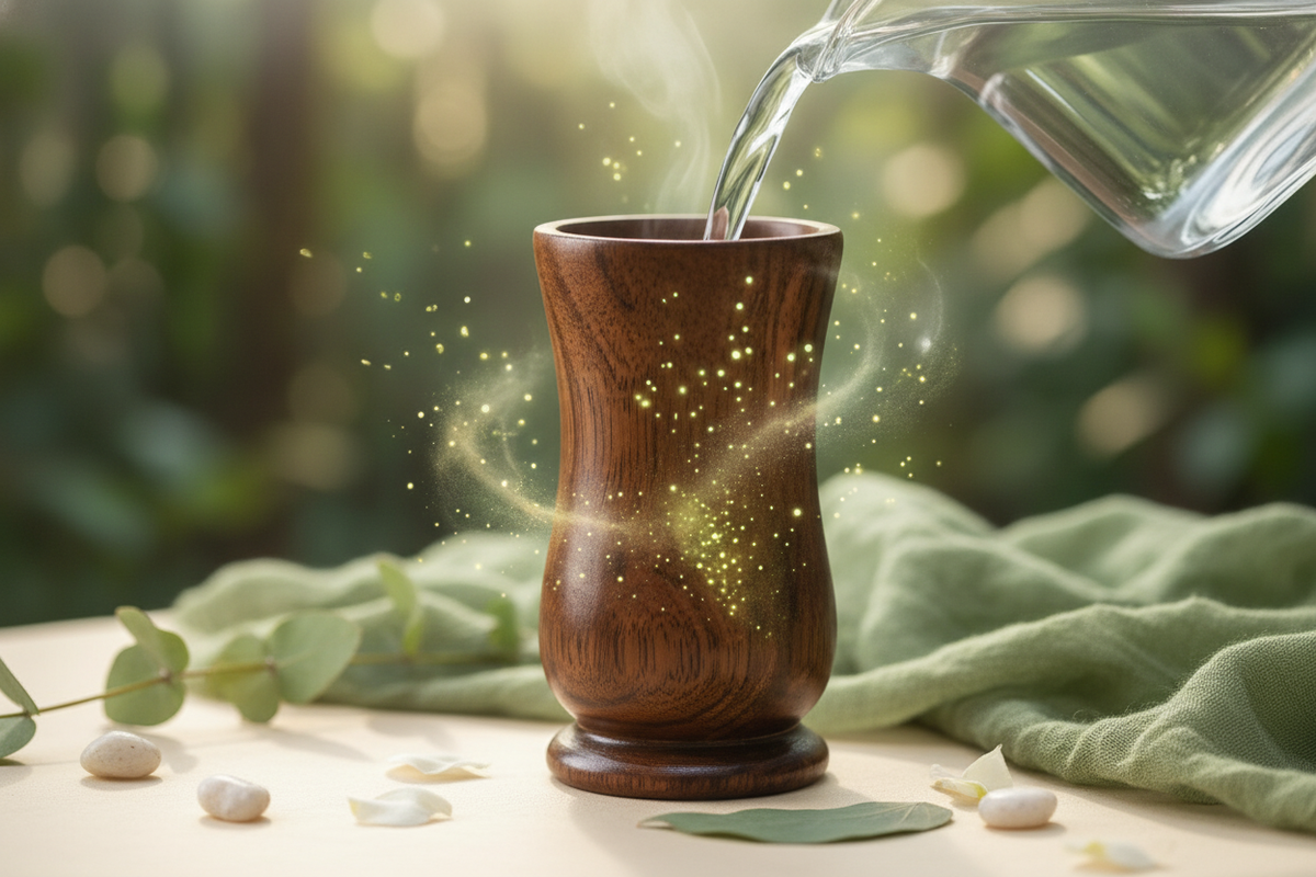 Close-up of a SugarCare Balance Wooden Water Glass on a warm cream surface with forest green and white accents.